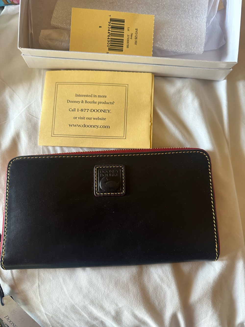 Dooney & Bourke Navy Florentine Leather Zip wallet with Red Trim